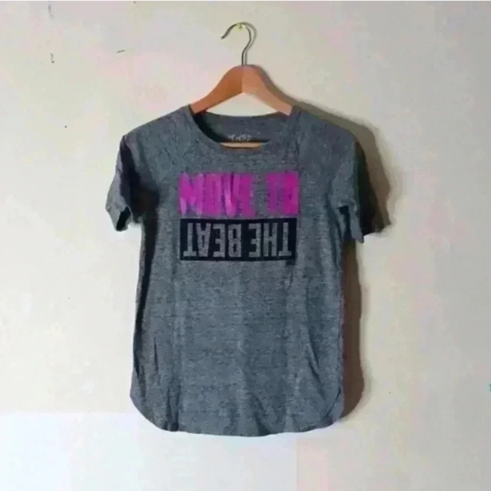 Gray Graphic T-Shirt with Pink and Black Text